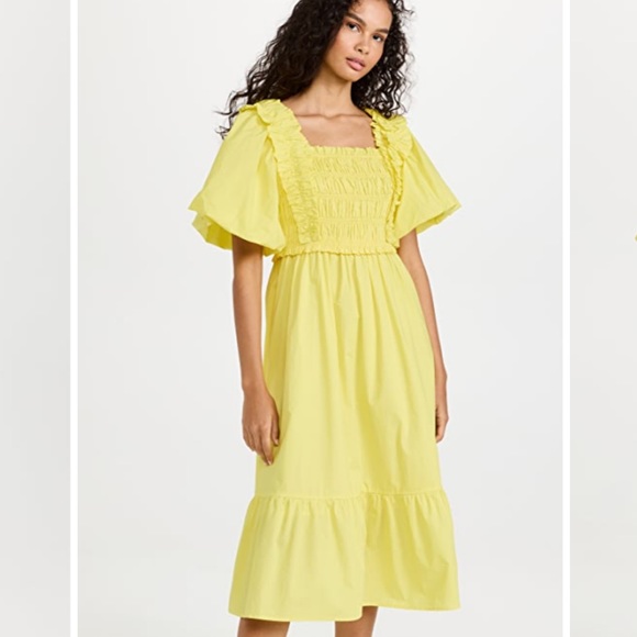 English Factory Ruffled Smocked 100% Cotton Midi Dress Yellow Puff Sleeve XS NWT - Picture 3 of 11